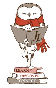 Jones Library logo. Owl with red scarf reading a book, standing on books with the words "Learn," "Discover," and "Connect" on the spine.